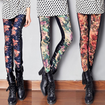 2013 spring vintage elegant flower faux leather patchwork slim female skinny legging pants boot cut jeans free shipping
