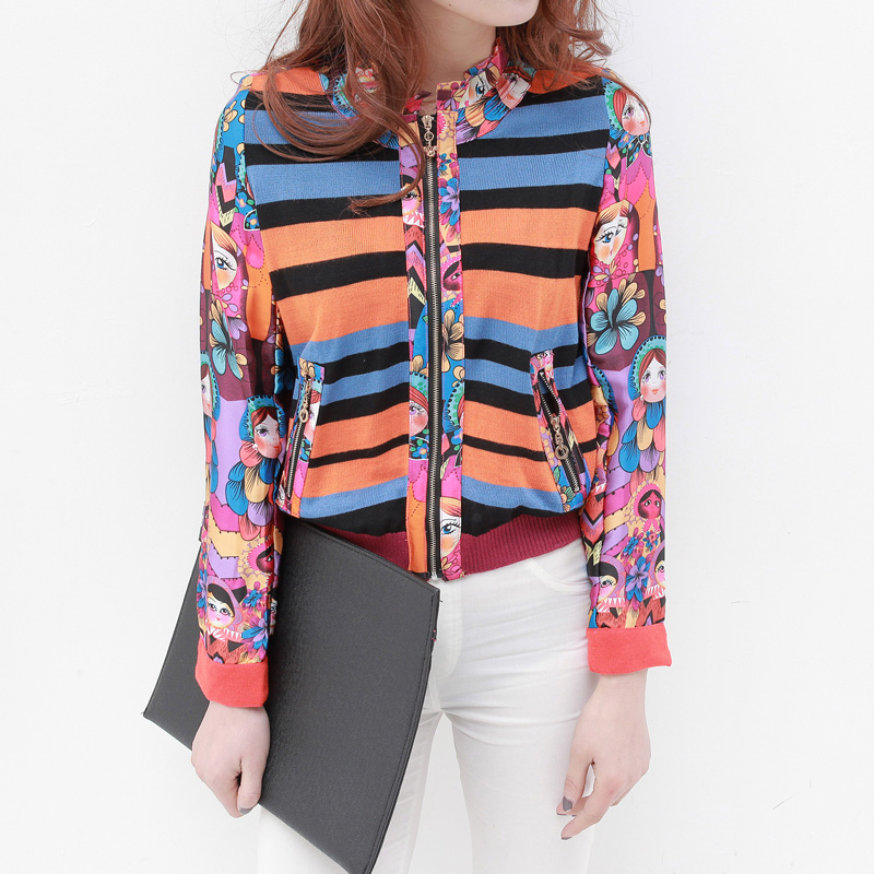 2013 spring vintage patchwork print o-neck stripe design short cardigan outerwear female ac833