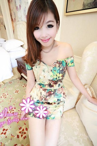2013 spring vintage print one-piece dress slit neckline sexy racerback slim hip miniskirt