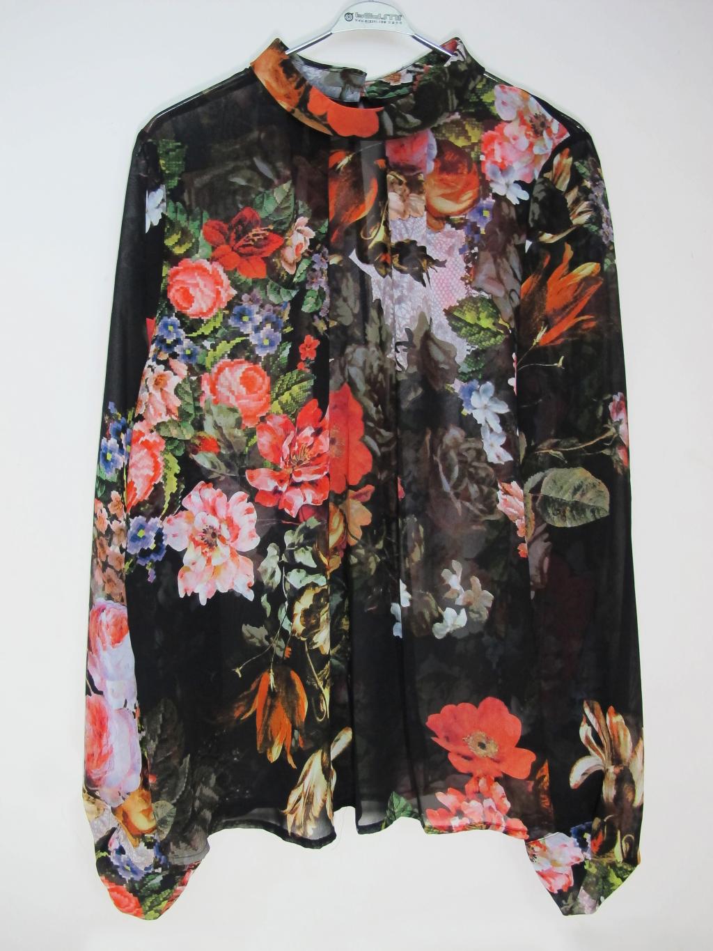 2013 spring vintage print tencel chiffon stand collar top female