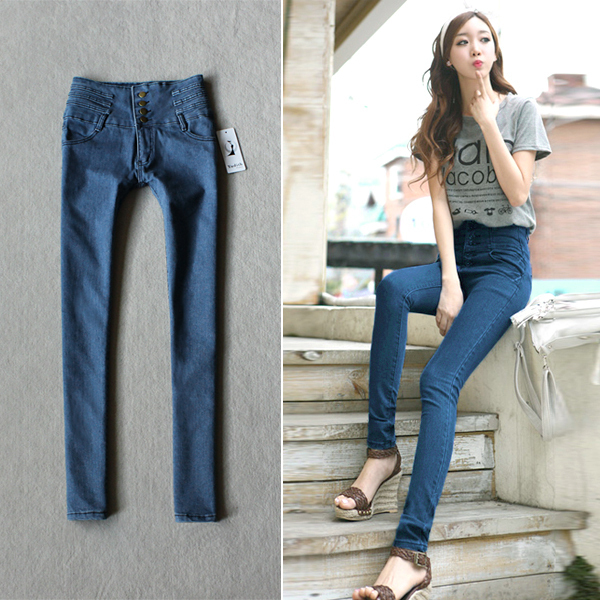 2013 spring vintage single breasted high waist Dark Blue skinny pants pencil pants jeans