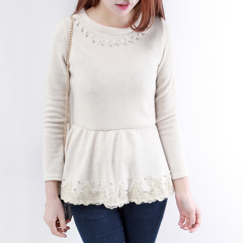 2013 spring vintage slim beading o-neck embroidery lace skirt sweater ad307