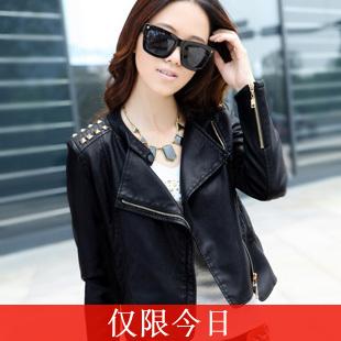2013 spring water wash PU clothing outerwear Women women's black motorcycle leather clothing