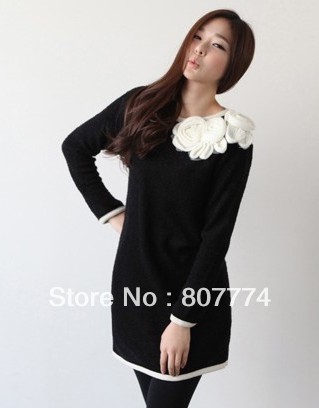 2013 Spring Women  Black Long Sleeve Above Knee Dress Rose Flower Slim Fit Dress Freeshipping