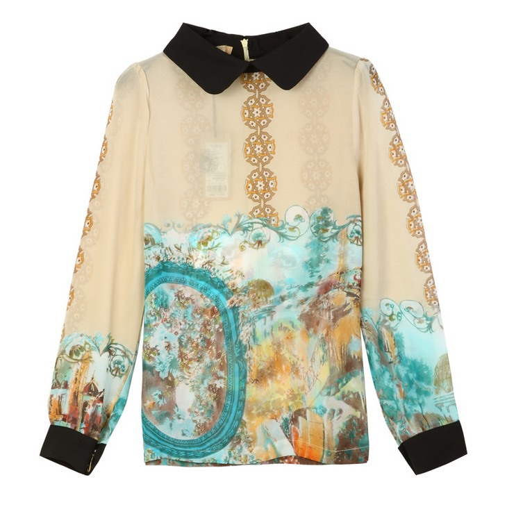 2013 spring women fashion casual chiffon blouses chinese traditional print silk shirts long sleeve peter pan collar free ship