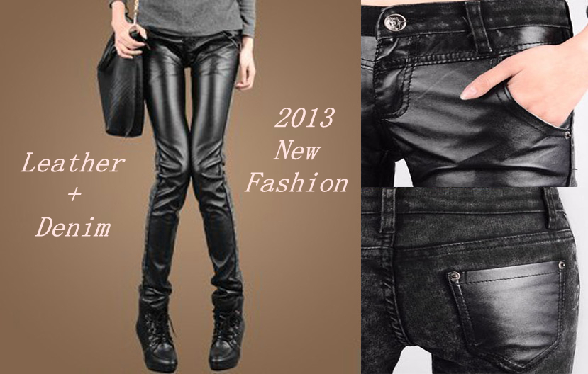 2013 spring Women new fashion desigh PU leather + Denim pencil black jeans/ Female plus size tights classic pencil pants