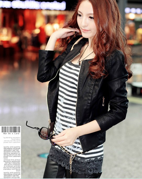 2013 spring women outerwear fashion motorcycle loading o-neck PU leather jacket short design slim leather clothing