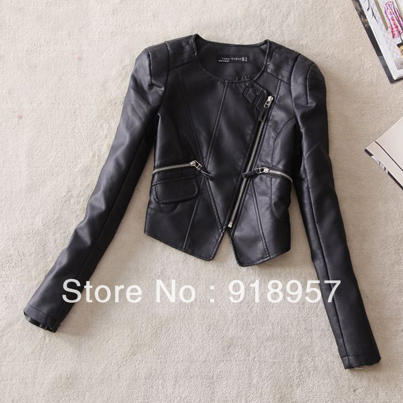 2013 spring women outerwear fashion o-neck water wash PU slim jacket short design leather clothing
