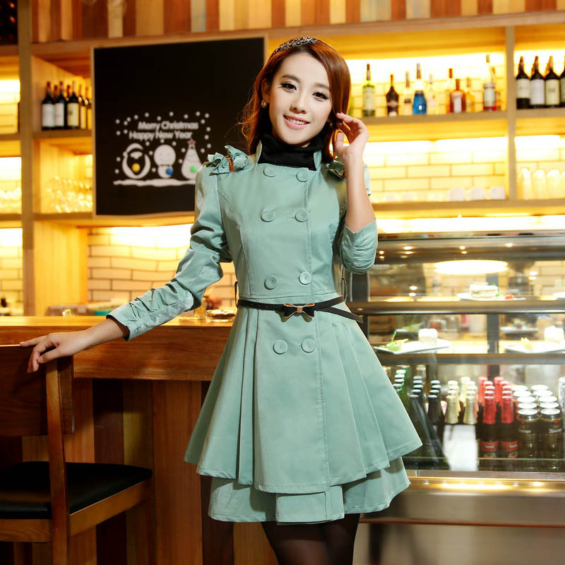 2013 spring women outerwear medium-long long-sleeve square collar double breasted solid color puff sleeve dress trench