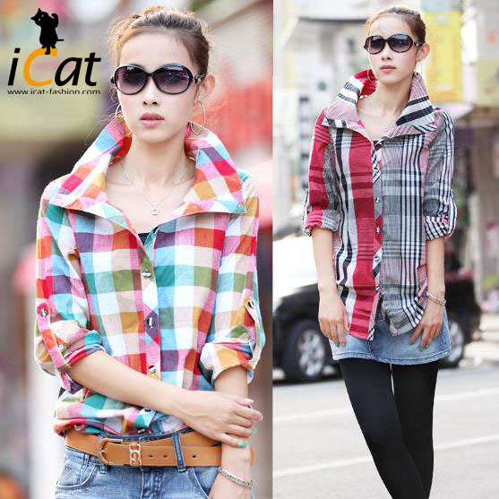 2013 Spring women plus size color plaid long sleeve shirts