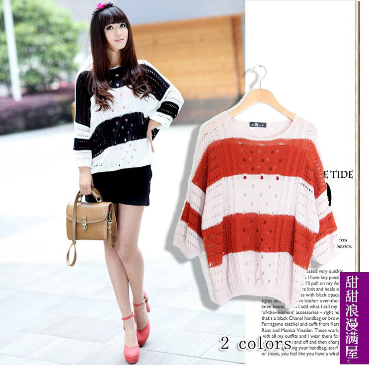 2013 spring women's 29053 stripe batwing sleeve loose cutout fifth sleeve thin sweater