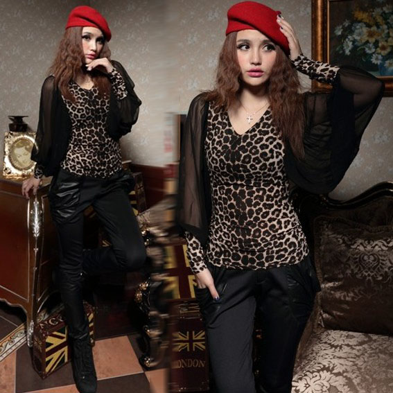 2013 spring women's 455881 fashion leopard print shirt slim low collar lantern long-sleeve chiffon shirt