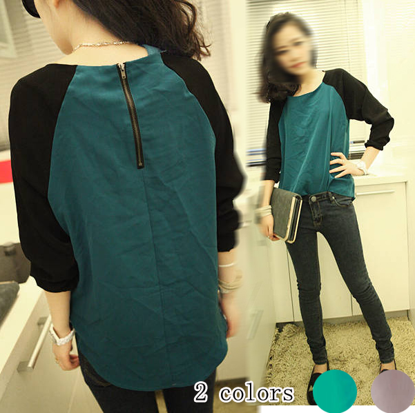 2013 spring women's 456681 casual zipper back color block decoration loose long-sleeve chiffon shirt