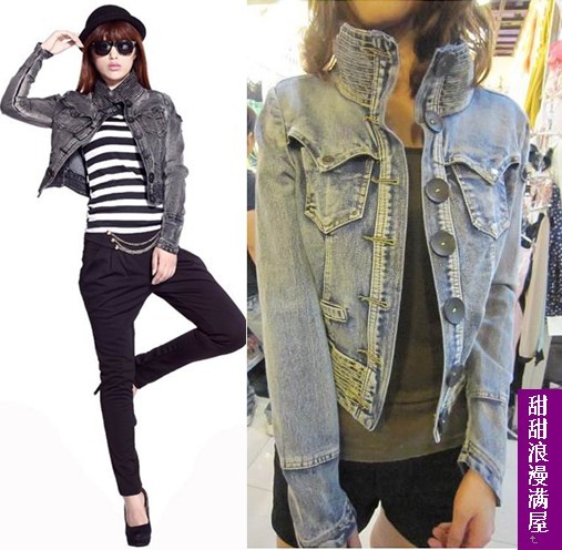2013 spring women's 87527 cool personality water wash stand collar ultra elastic slim denim outerwear