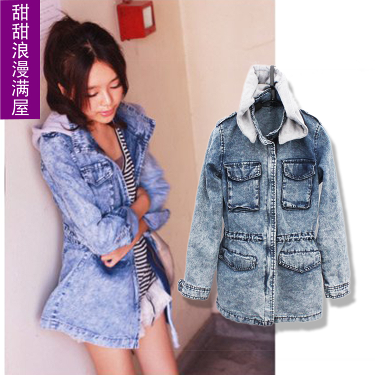 2013 spring women's 875556 casual all-match handsome with a hood denim trench outerwear high quality