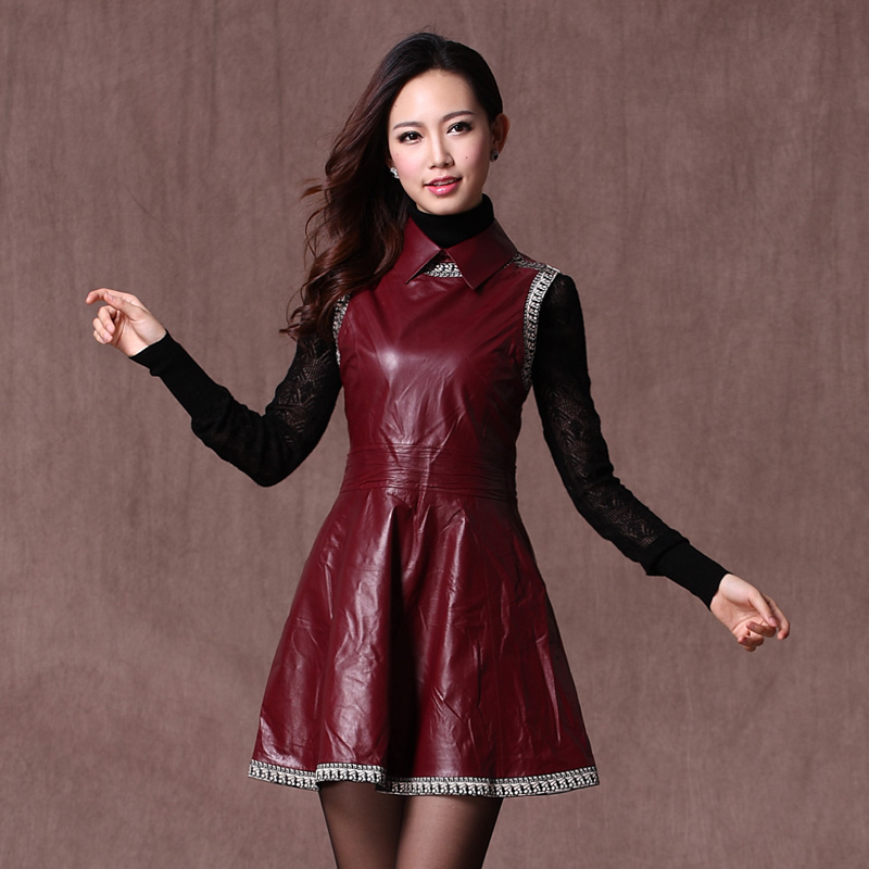 2013 spring women's basic suit collar sheepskin genuine leather one-piece dress