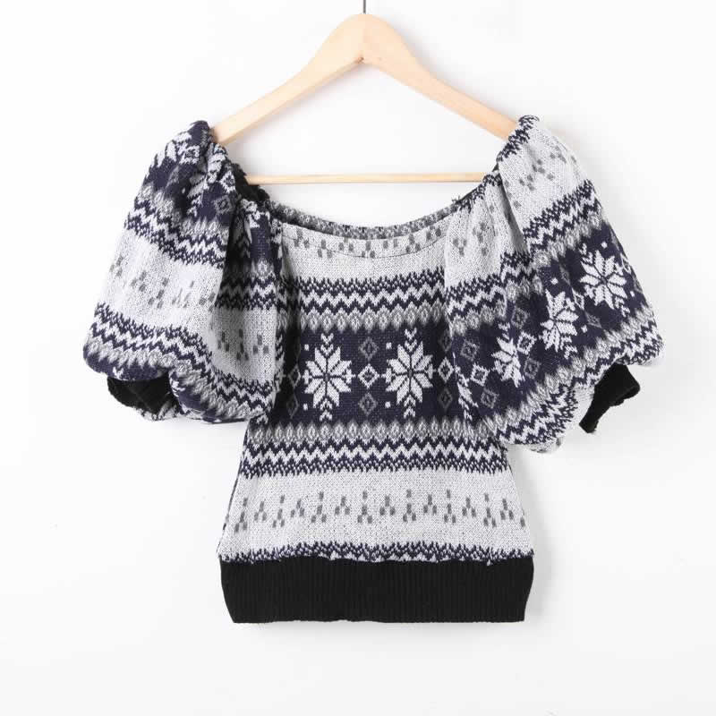 2013 spring women's big puff sleeve pattern tight pullover short design knitted top t-shirt