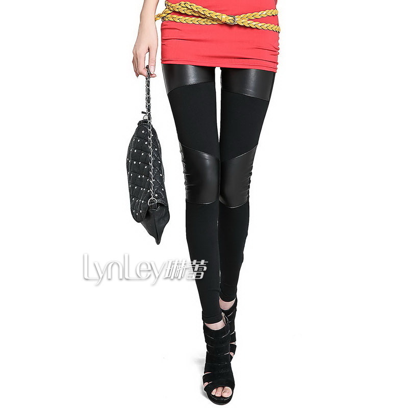 2013 spring women's black modal 100% cotton patchwork faux leather female ankle length leggings