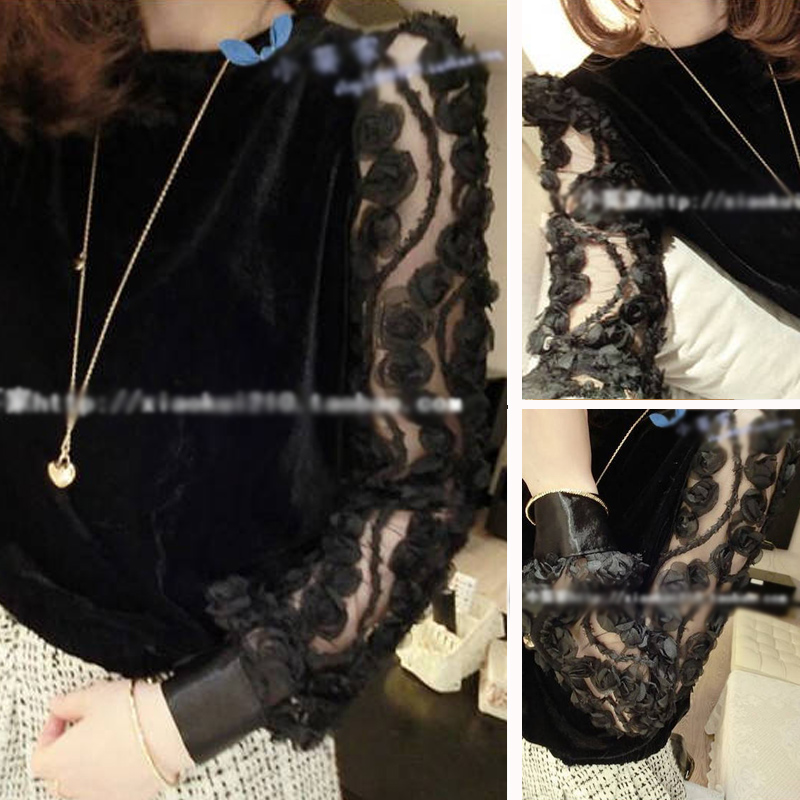 2013 spring women's black velvet long-sleeve top fashion basic lace shirt