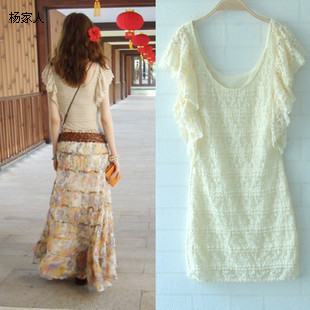 2013 spring women's bohemia sweet butterfly sleeve full lace shirt slim lace top