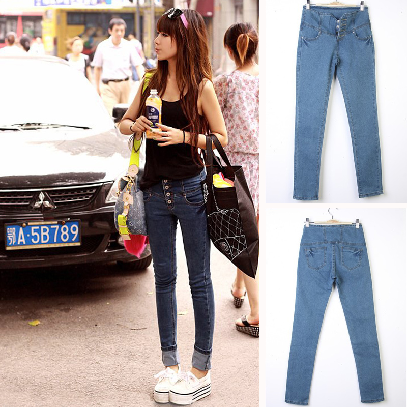 2013 spring women's breasted tight blue pencil pants fashion high waist jeans