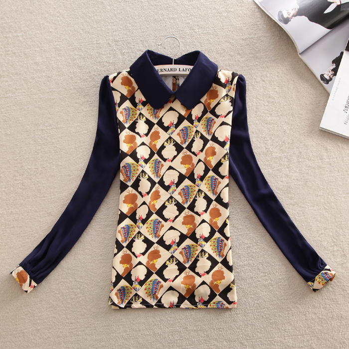 2013 spring women's chiffon shirt fashion turn-down collar man head portrait basic long chiffon shirt