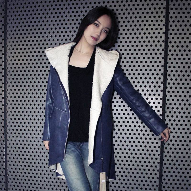 2013 spring women's deerskin velvet slim leather clothing fashion with a hood medium-long outerwear