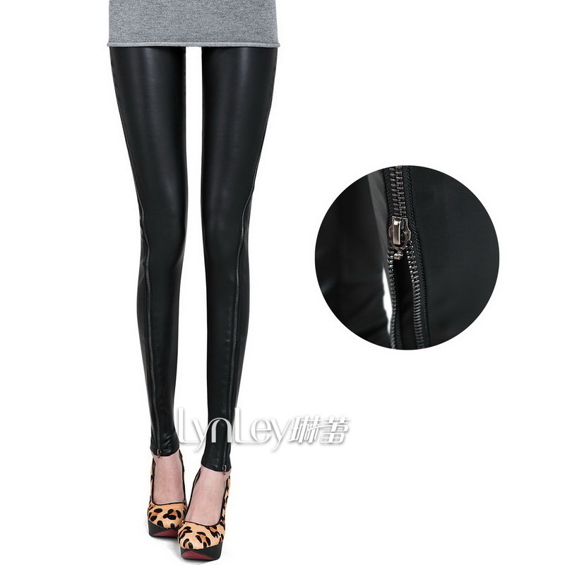 2013 spring women's dull black faux leather zipper patchwork female ankle length leggings