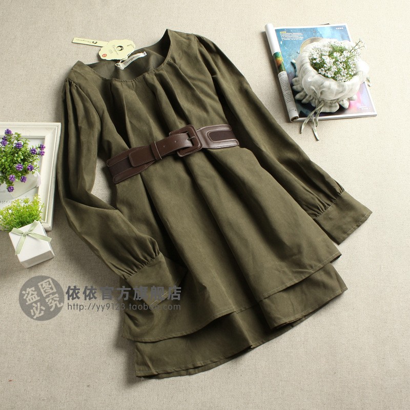 2013 spring women's elegant casual faux leather goatswool o-neck one-piece dress with belt Free Shipping