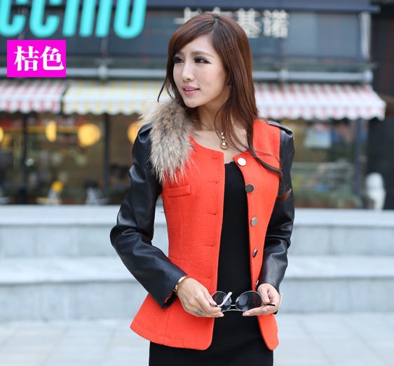 2013 Spring Women's Fashion All-match PU Leather Long sleeve Patchwork Top Woolen Outerwear Casual Short Jacket Free shipping
