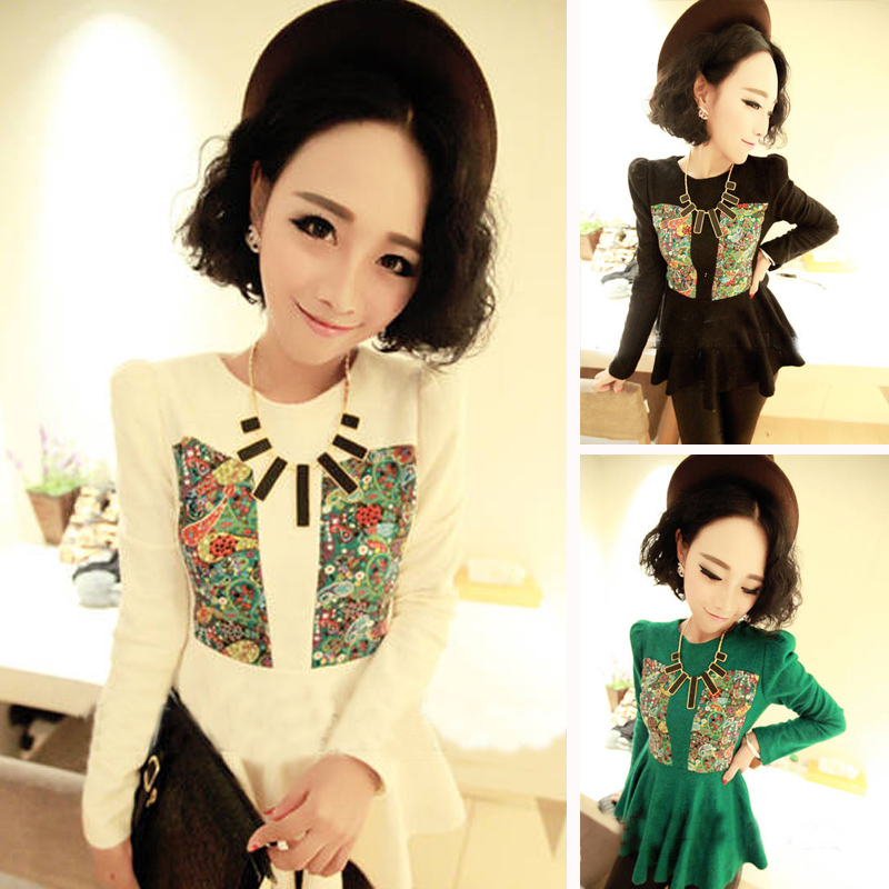 2013 spring women's fashion basic flower top slim vintage print long-sleeve shirt