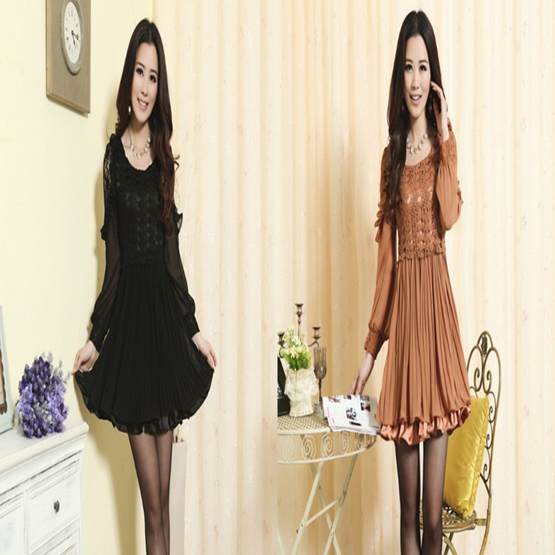 2013 spring women's fashion casual lace lotus leaf cutout long-sleeve chiffon short skirt one-piece dress female