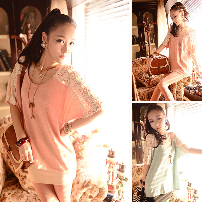 2013 Spring women's fashion cutout lace half sleeve loose long design sweater Free shipping.