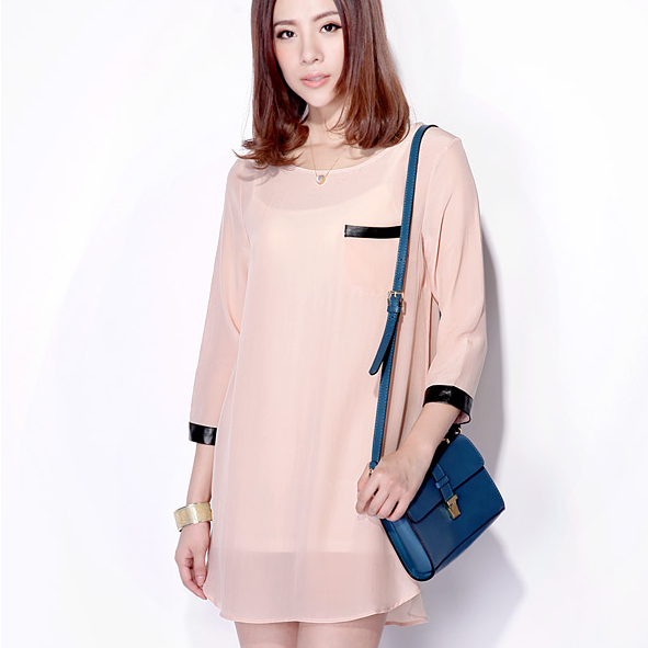 2013 spring women's fashion leather vintage silk the trend o-neck loose one-piece dress short skirt