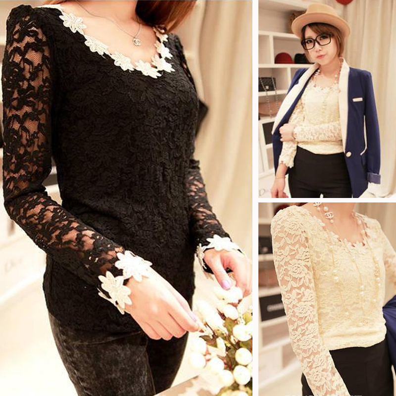 2013 spring women's fashion slim black basic shirt vintage sweet lace long-sleeve shirt