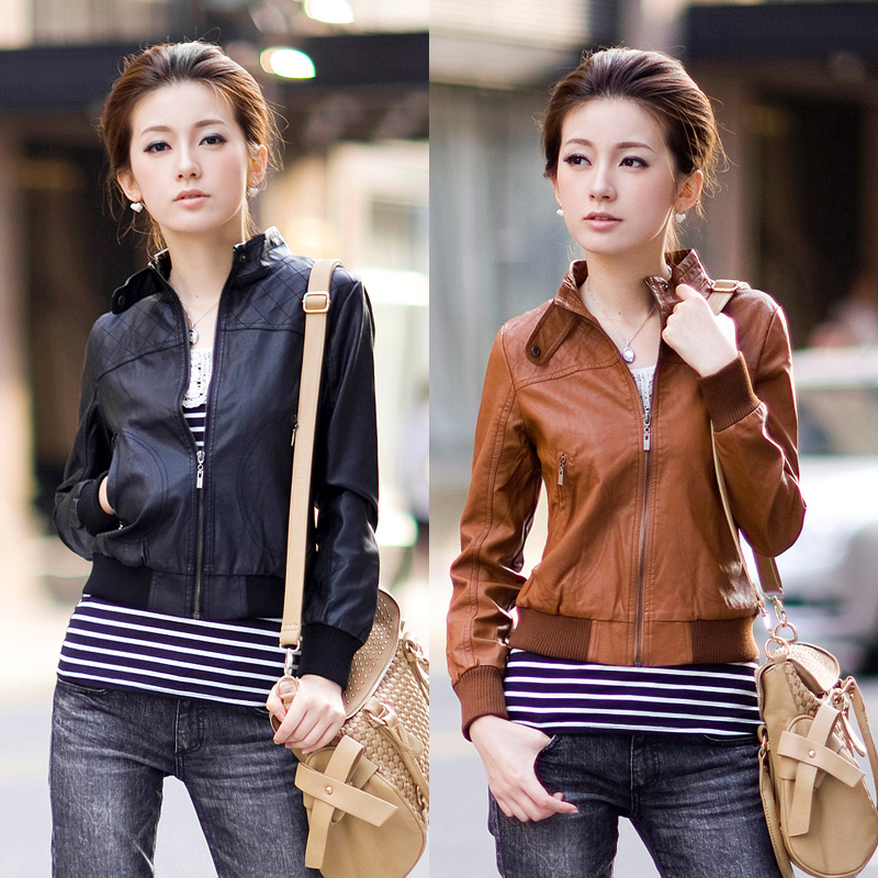 2013 spring women's fashion stand collar handsome cardigan motorcycle leather clothing slim short jacket Free Shipping