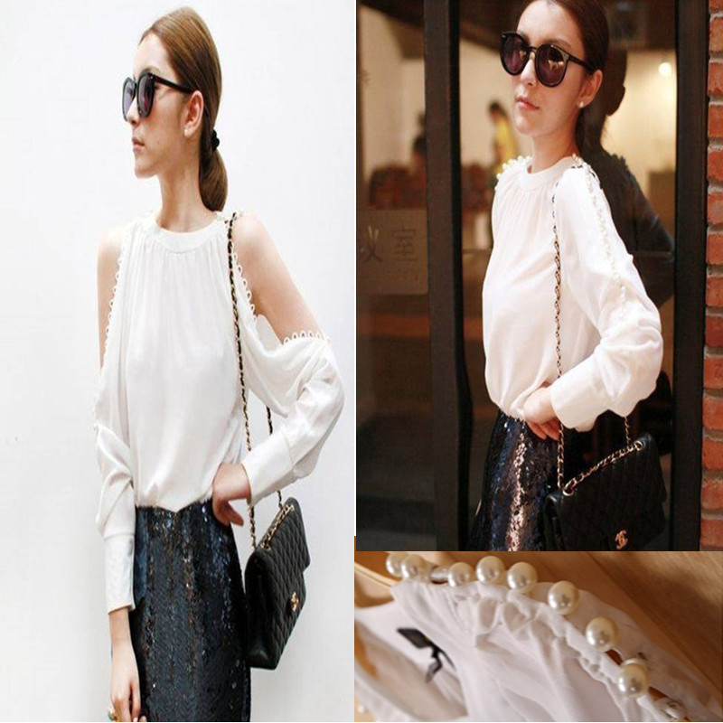 2013 spring women's fashion strapless lace pearl chain long-sleeve chiffon shirt female basic shirt