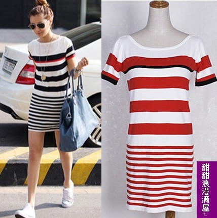 2013 spring women's fashion stripe short sleeve length sweater knit dress 0618 high quality