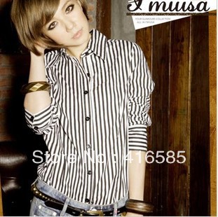 2013 spring women's fashion stripes Korean version of the British long-sleeved shirt female shirt Slim was thin