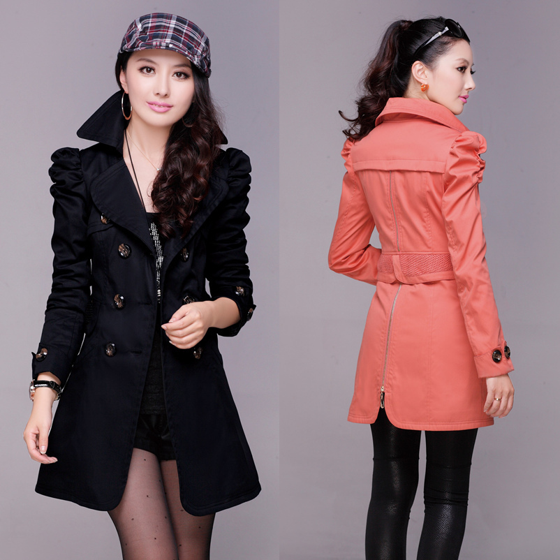 2013 spring women's fashion trench plus size slim puff sleeve double breasted outerwear elegant female