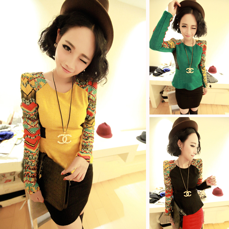 2013 spring women's fashion vintage basic top patchwork print long-sleeve chiffon shirt
