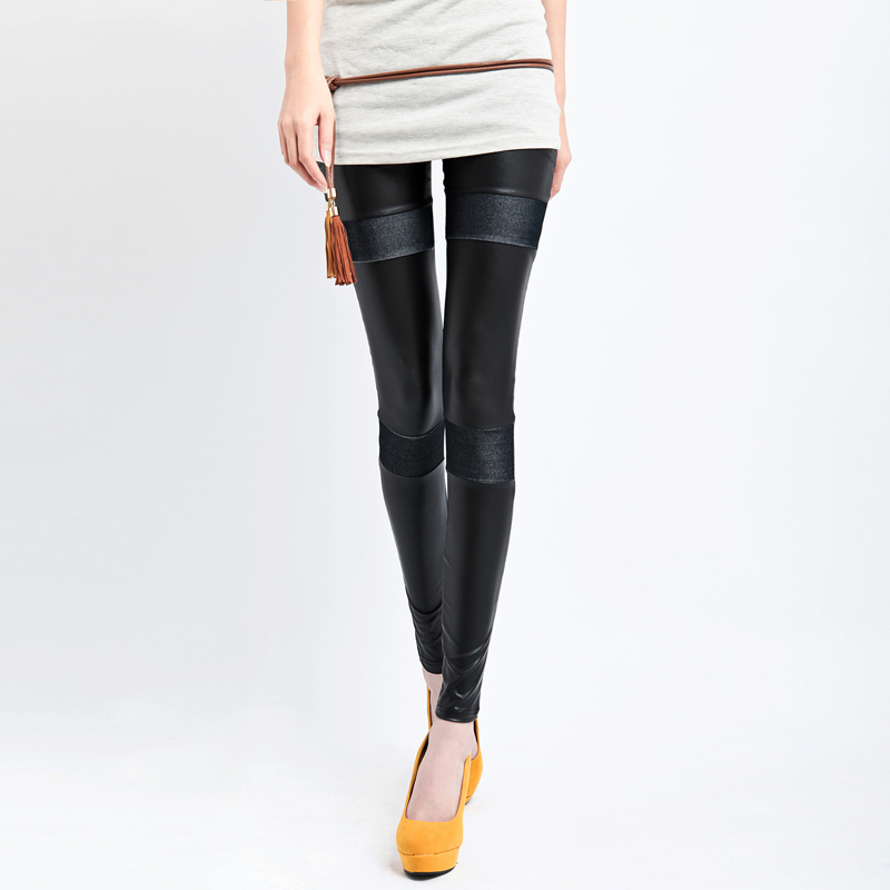 2013 spring women's faux denim patchwork faux leather personalized fashion ankle length leggings