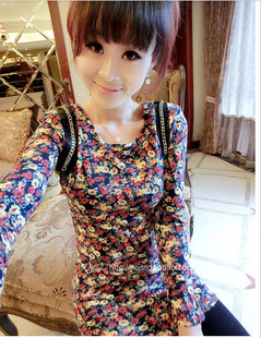 2013 spring women's faux leather chain leopard print rose print medium-long basic shirt a23