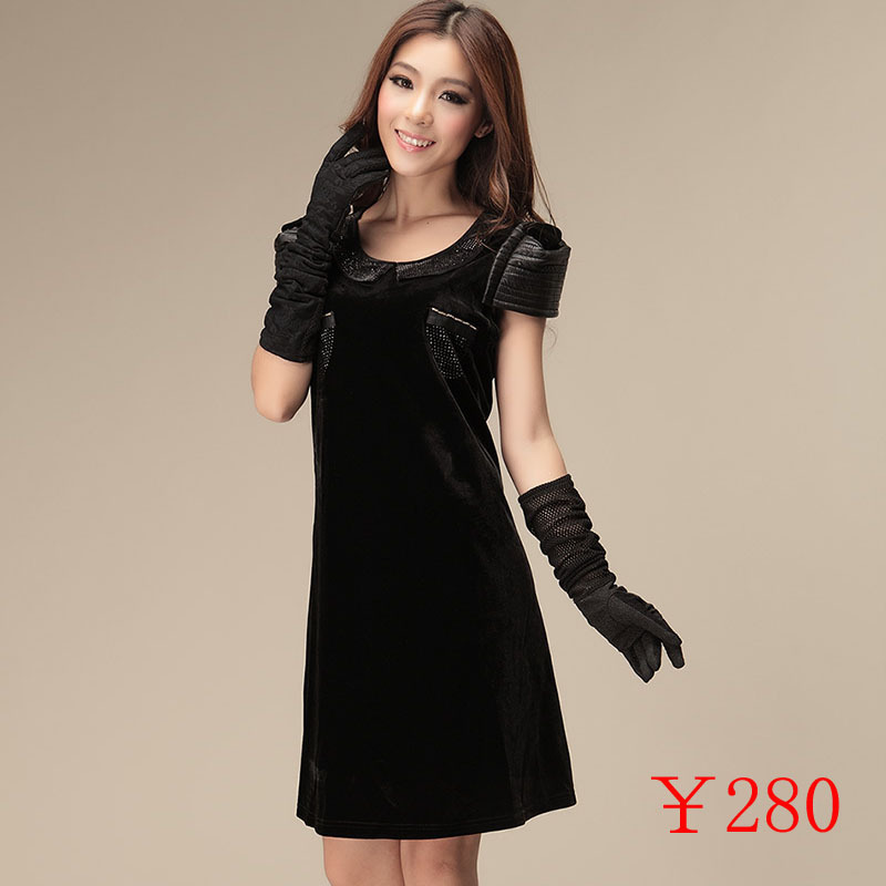 2013 spring women's formal leather short-sleeve peter pan collar pleated plus size black gold velvet one-piece dress