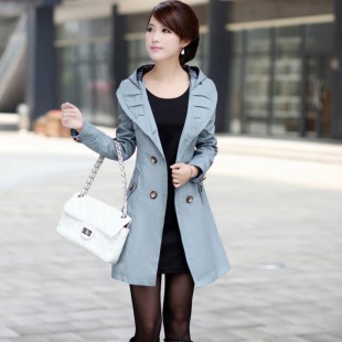 2013 spring women's formal slim double breasted with a hood collar pleated long design trench outerwear