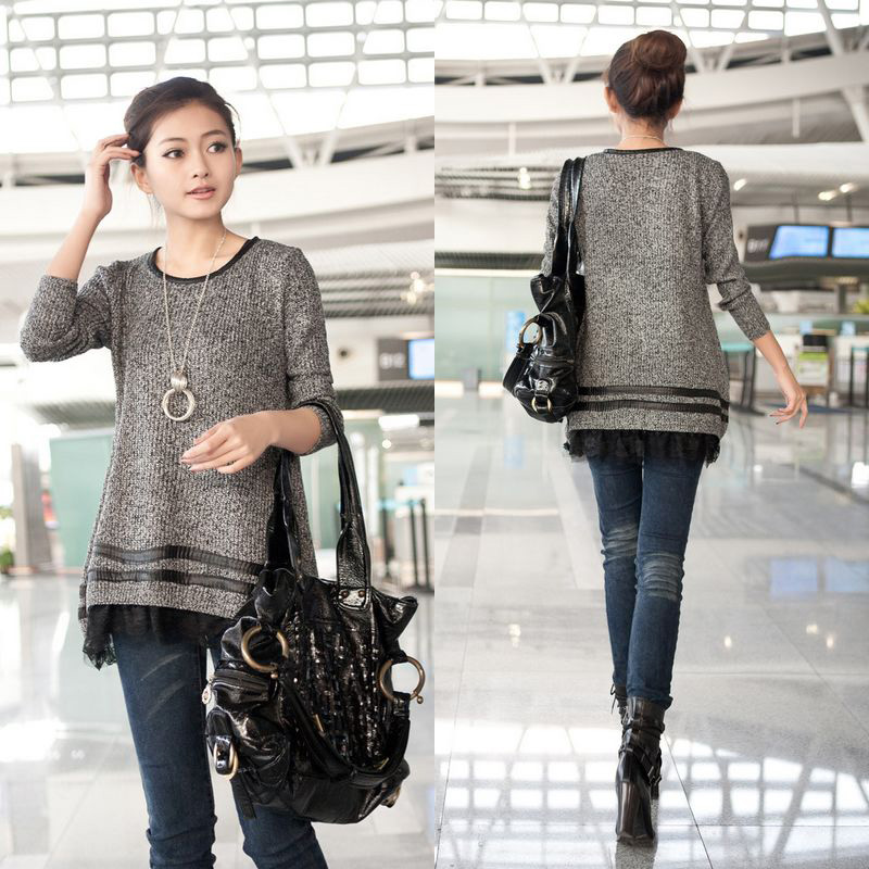 2013 spring women's fur collar loose sweater medium-long basic shirt sweater female outerwear