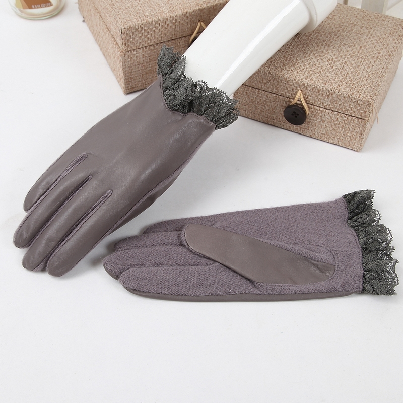 2013 spring women's genuine leather gloves thermal sheepskin thin lace decoration