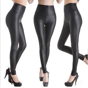 2013 spring women's high waist abdomen drawing faux leather legging plus size matte tight leather pants black female trousers