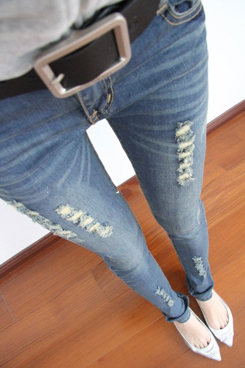 2013 spring women's hole wearing white tight-fitting jeans pencil pants skinny pants