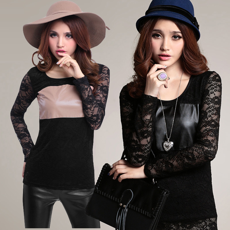 2013 spring women's lace leather patchwork basic shirt plus velvet slim elastic long-sleeve T-shirt thermal